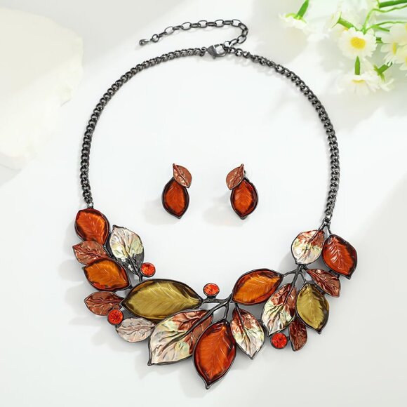 Vintage Chunky Statement Jewelry Set Retro Leaf Floral Geometric Bohemian Boho B - Picture 3 of 6